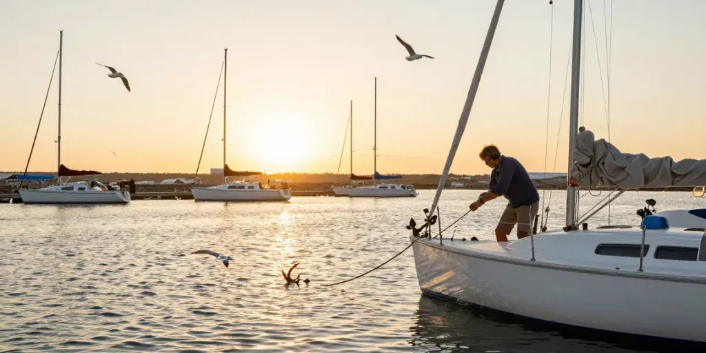 Person securing an anchor on a sailboat at sunset in a coastal marina.