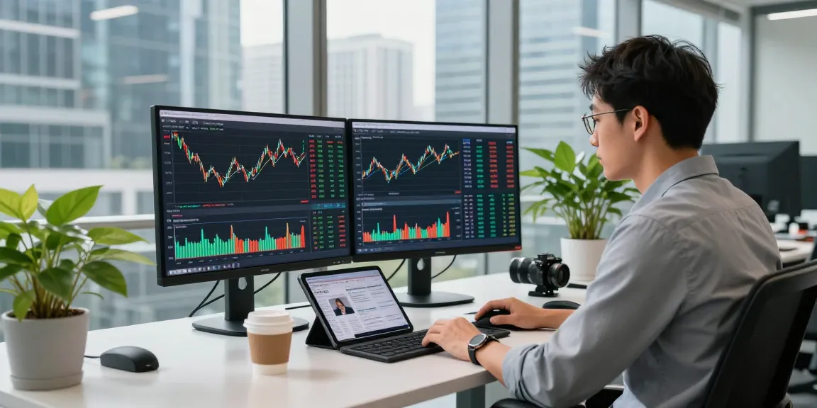 TSE stock exchange data feed displayed on dual monitors in a modern tech office, showcasing real-time analytics.