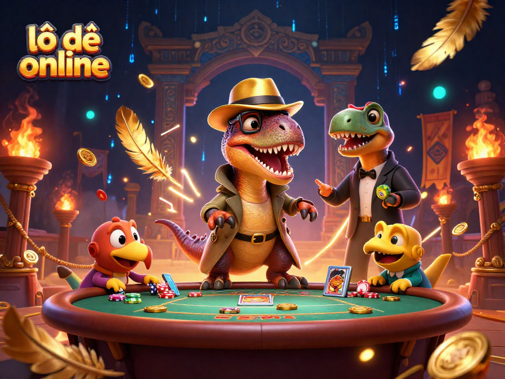 Engage in lô đề online with a vibrant 3D scene of dinosaur characters at a blackjack table.