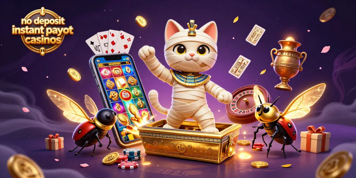 No deposit instant payout casinos illustrated with a 3D Egyptian mummy cat, scarab beetle, and casino elements
