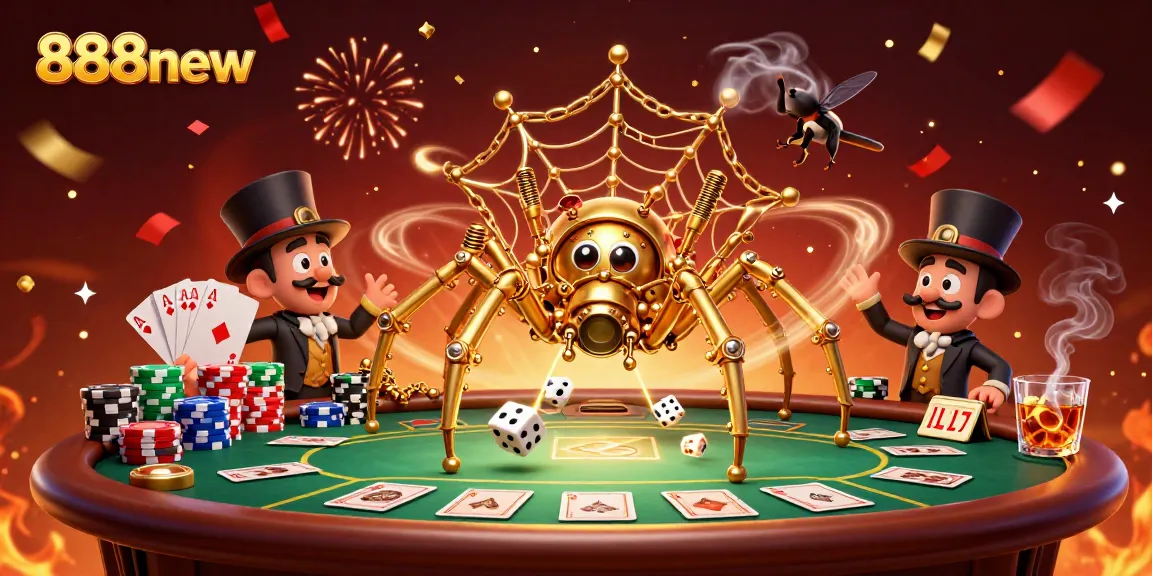 Catch the excitement at 888new casino with a vibrant illustration of a steampunk spider and joker.