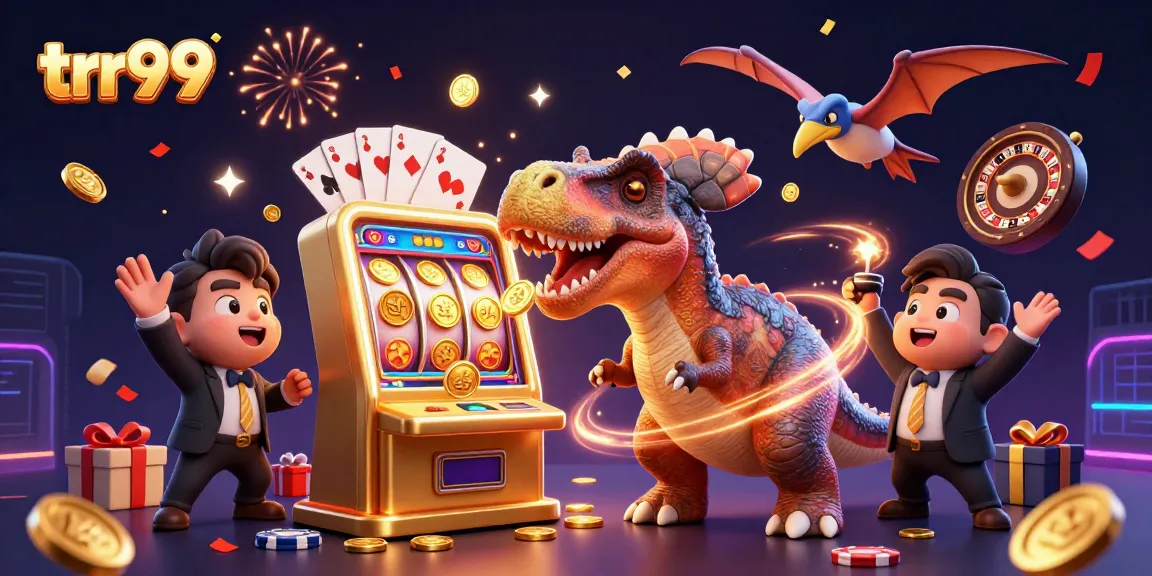 Catch a jackpot with trr99 as dinosaurs rock the casino in a vibrant scene!