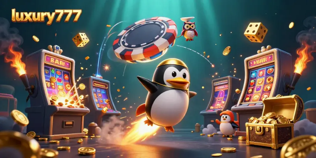 Experience luxury777 gaming with a dynamic scene featuring golden penguins and a jackpot explosion.