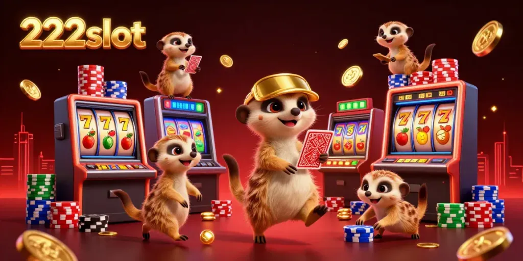 Meeerkat lucu beroperasi di kasino 222slot, mengelola slot mesin dan chip poker.