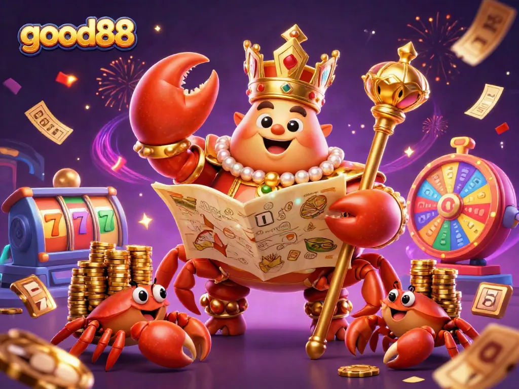 Experience the excitement of good88 with a golden crab emperor in a vibrant casino scene filled with lucky symbols.