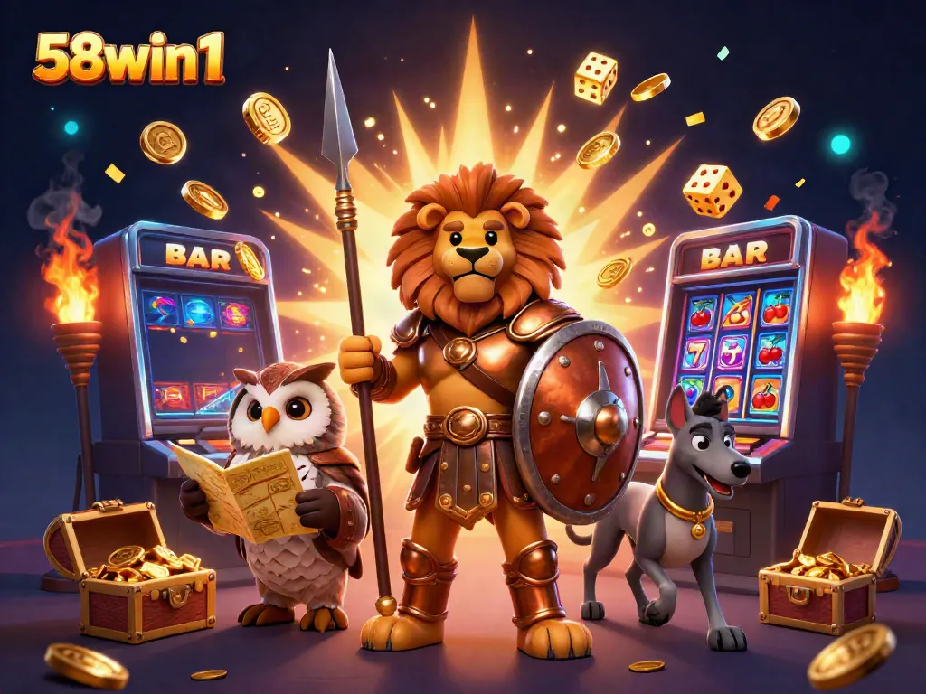 Experience the excitement of 58win1 with a vibrant 3D casino scene featuring heroes and jackpots.