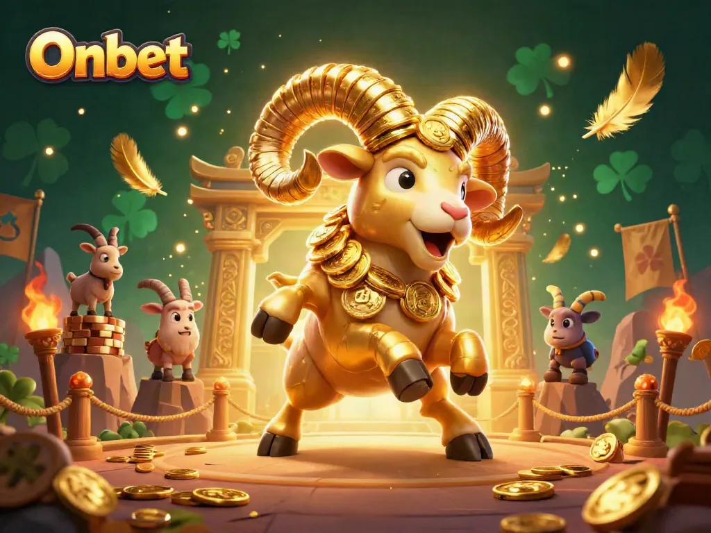 Onbet showcases a fierce golden ram charging through a vibrant casino scene filled with wealth.