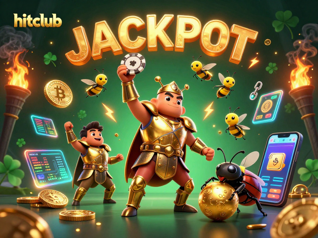 Hitclub casino illustration featuring a victorious beetle with poker chip, Bitcoin and Ethereum coins.