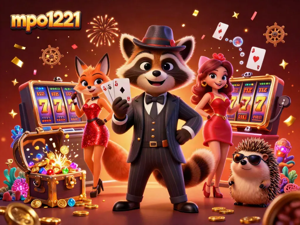 Experience the thrilling energy of mpo1221 with a raccoon in a suit and slot games, adorned with festive elements.