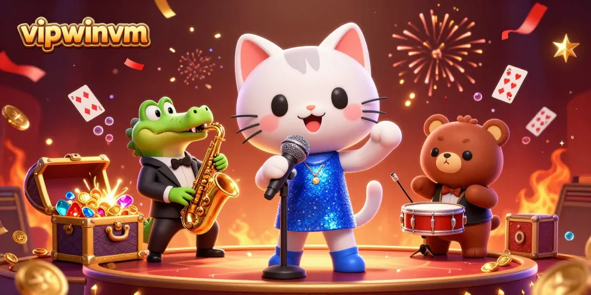 Experience thrilling gameplay at vipwinvm with a vibrant 3D casino scene featuring colorful characters and treasures.