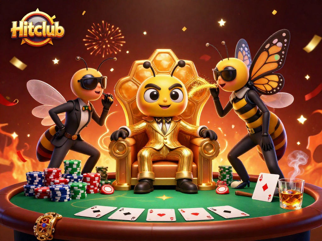 Hitclub showcases a vibrant poker scene with a bumblebee mob boss and wasp bodyguards, illustrating thrilling gaming.