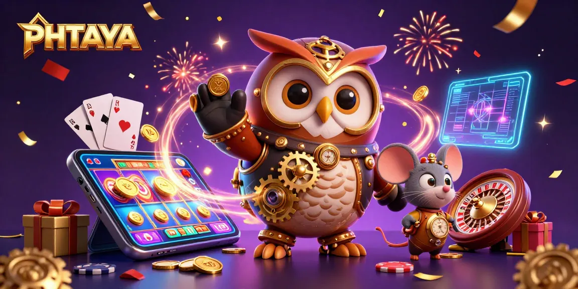 Experience gaming excitement with the PHTAYA time-traveler owl amidst vibrant casino elements.