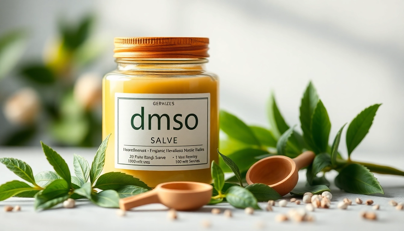 Apply dmso salve in a serene setting with natural herbs and calming colors.