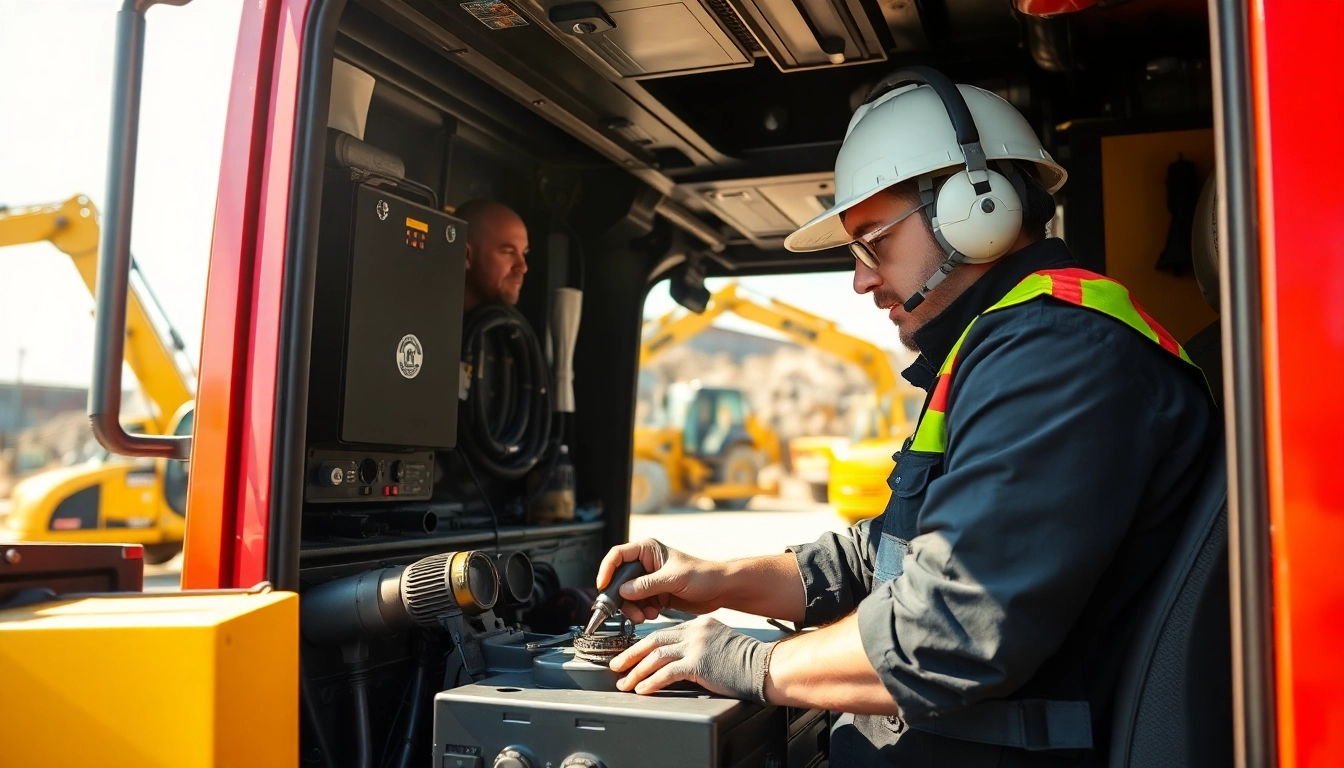 Technician performing mobile equipment service on heavy-duty vehicle in bright setting.