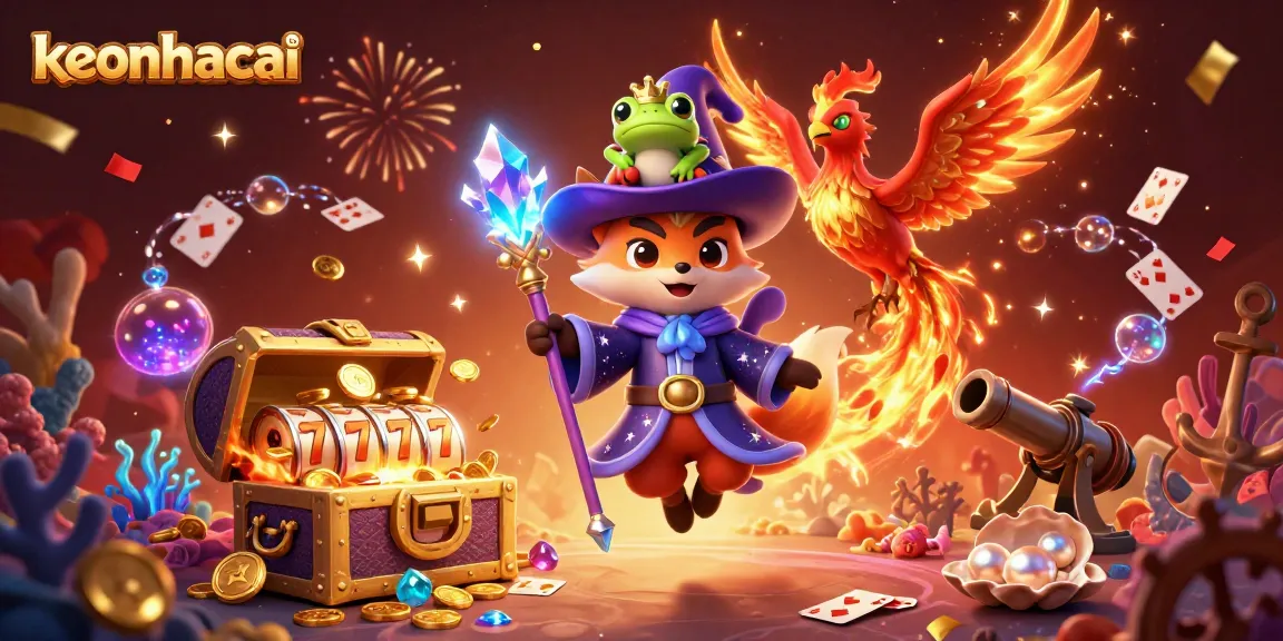 Experience the excitement of keonhacai with a vibrant 3D casino scene featuring a wizard, phoenix, and treasure.