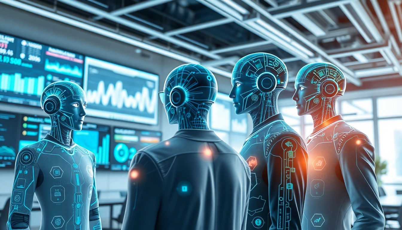 AI agents performing tasks in a high-tech office, showcasing efficiency and collaboration.