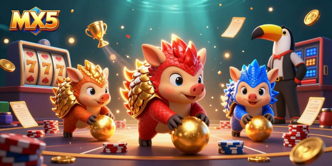 Engage with MX5 through a vibrant scene of pangolins in a casino setting, showcasing dynamic gameplay.