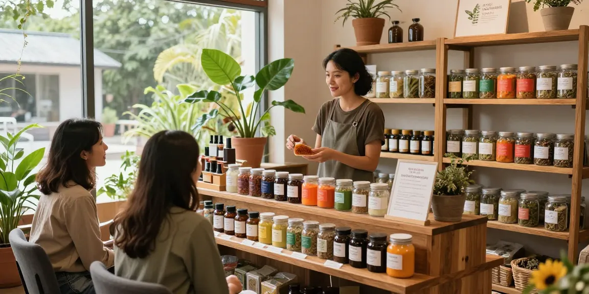 Exploring kratom products with knowledgeable vendor in a vibrant herbal shop, showcasing best kratom vendors.