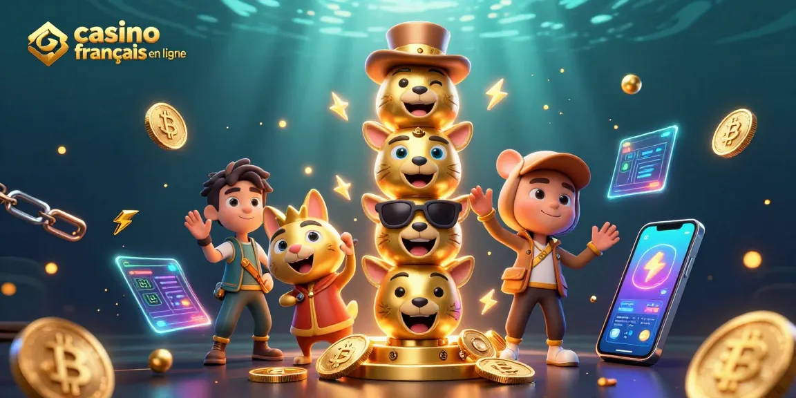 Découvrez le casino français en ligne avec des personnages animés et des éléments de crypto dans une scène riche.