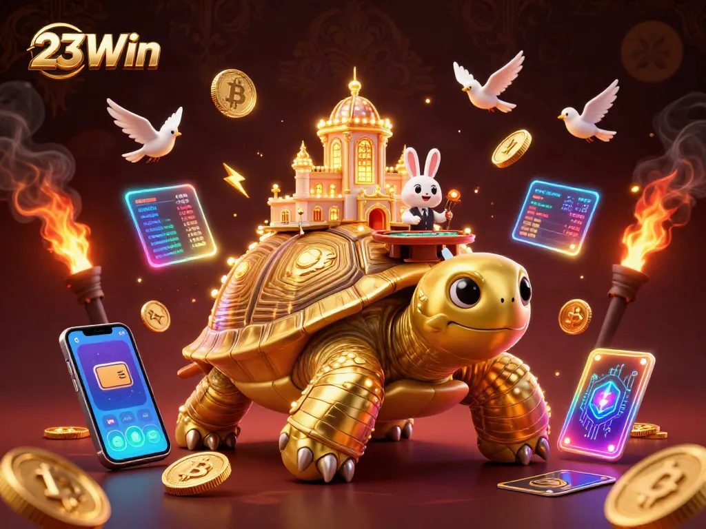 Win big with 23Win as a tortoise casino showcases vibrant games and crypto elements.