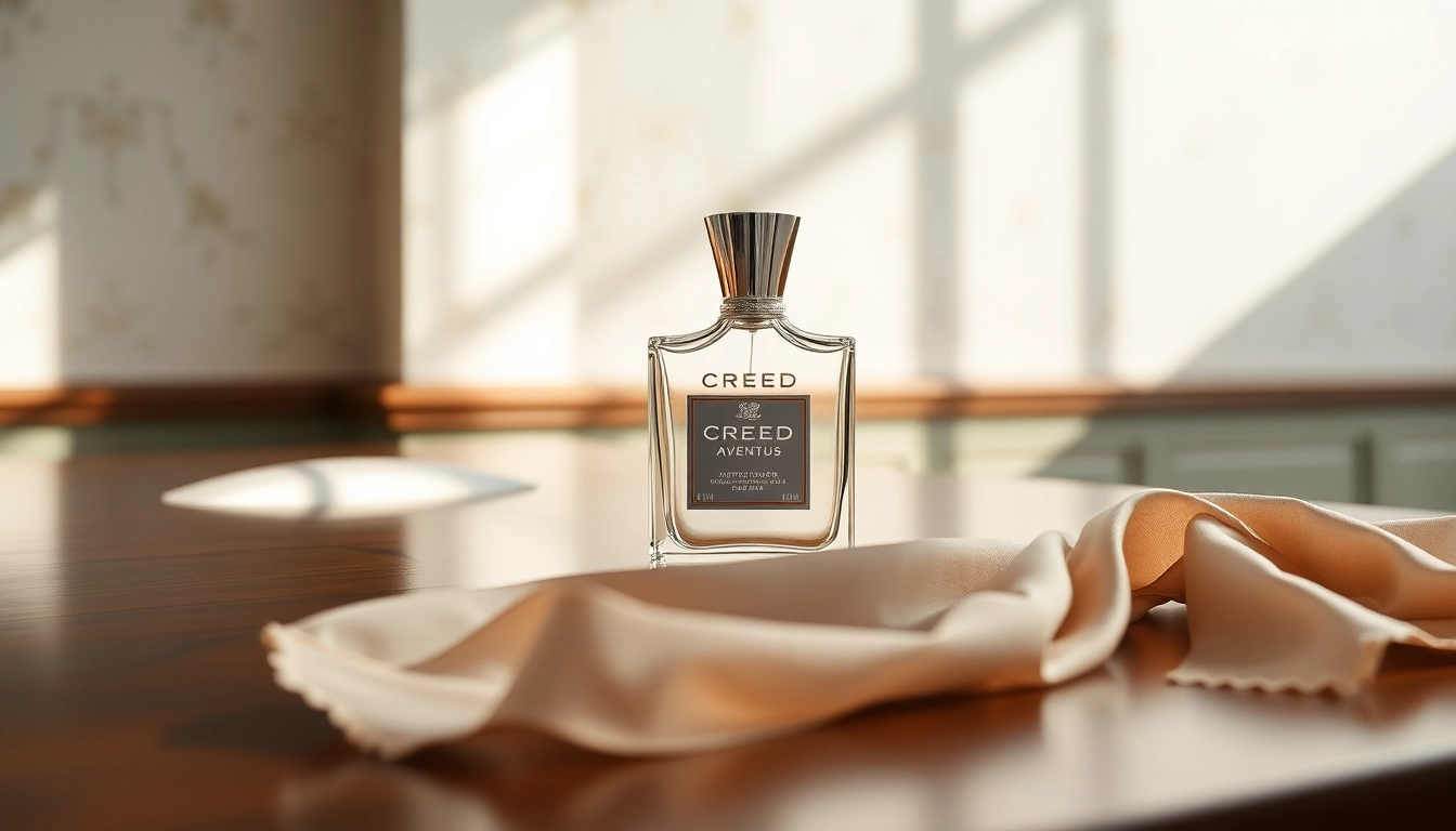 Admire the allure of creed aventus bottle elegantly placed in a luxurious setting.