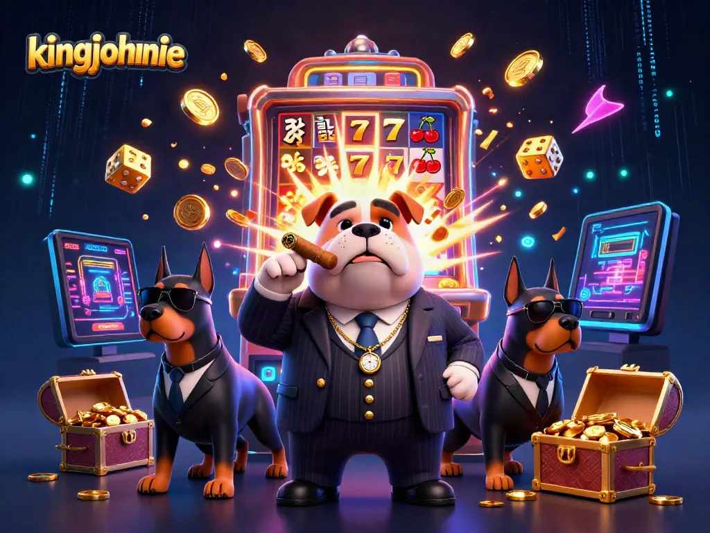 Experience excitement at kingjohnnie Casino with a vibrant 3D illustration of thrilling slot machines and characters.